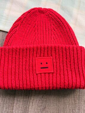 Acne Studios Red Smiley Face Knit Beanie